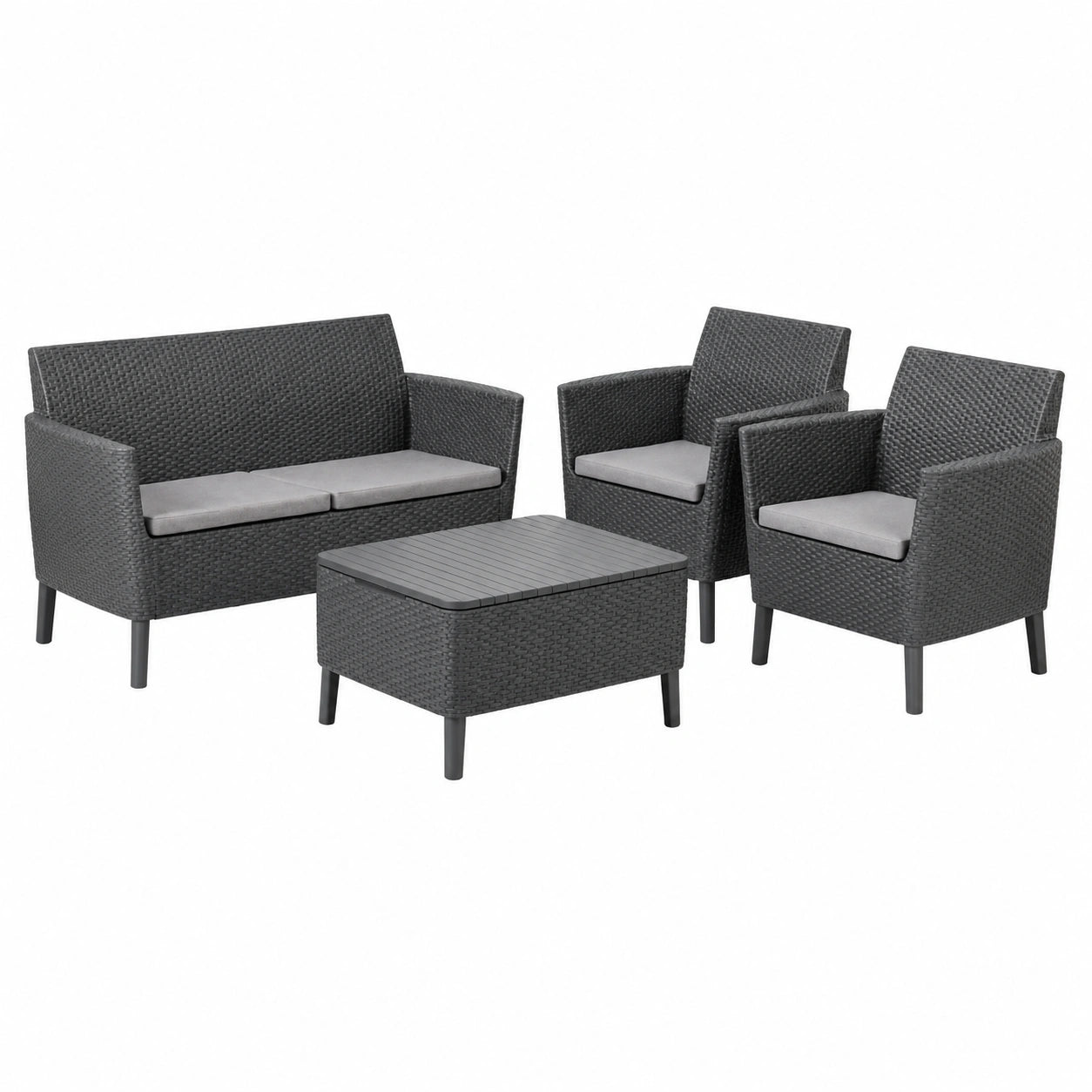 Set Salotto Giardino Keter Salemo in Rattan, Divano 2 Posti con Poltrone e Tavolino, Colore Grafite