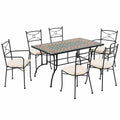 Set da Giardino in Ceramica con Mosaico: Tavolo Rettangolare, 2 Poltrone e 4 Sedie con Cuscini