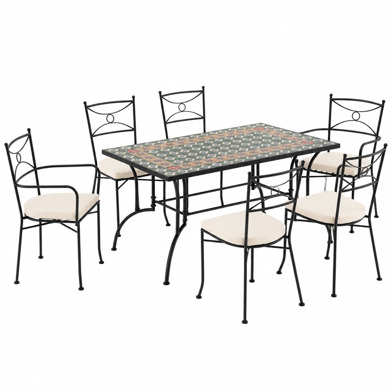 Set da Giardino in Ceramica con Mosaico: Tavolo Rettangolare, 2 Poltrone e 4 Sedie con Cuscini
