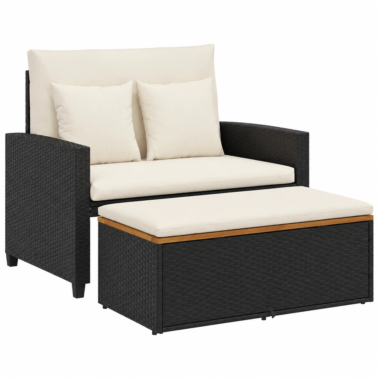 Divano da Giardino in Rattan Nero con Cuscini e Struttura in Acacia per 2 Persone