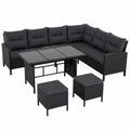 Set da Giardino in Rattan Sintetico con Divano Angolare, Tavolo e Pouf, 7 Posti con Cuscini per Esterni, Nero e Grigio