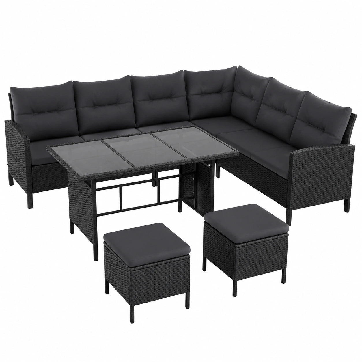 Set da Giardino in Rattan Sintetico con Divano Angolare, Tavolo e Pouf, 7 Posti con Cuscini per Esterni, Nero e Grigio