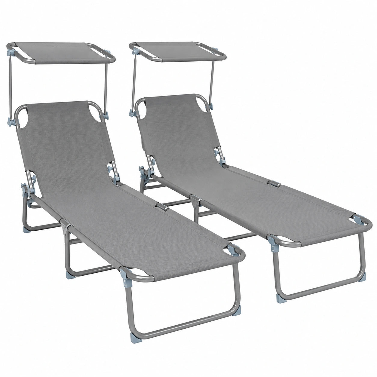 Set di 2 Lettini Prendisole Pieghevoli con Tettuccio e Schienale Regolabile, Ideali per Giardino e Piscina, Colore Grigio