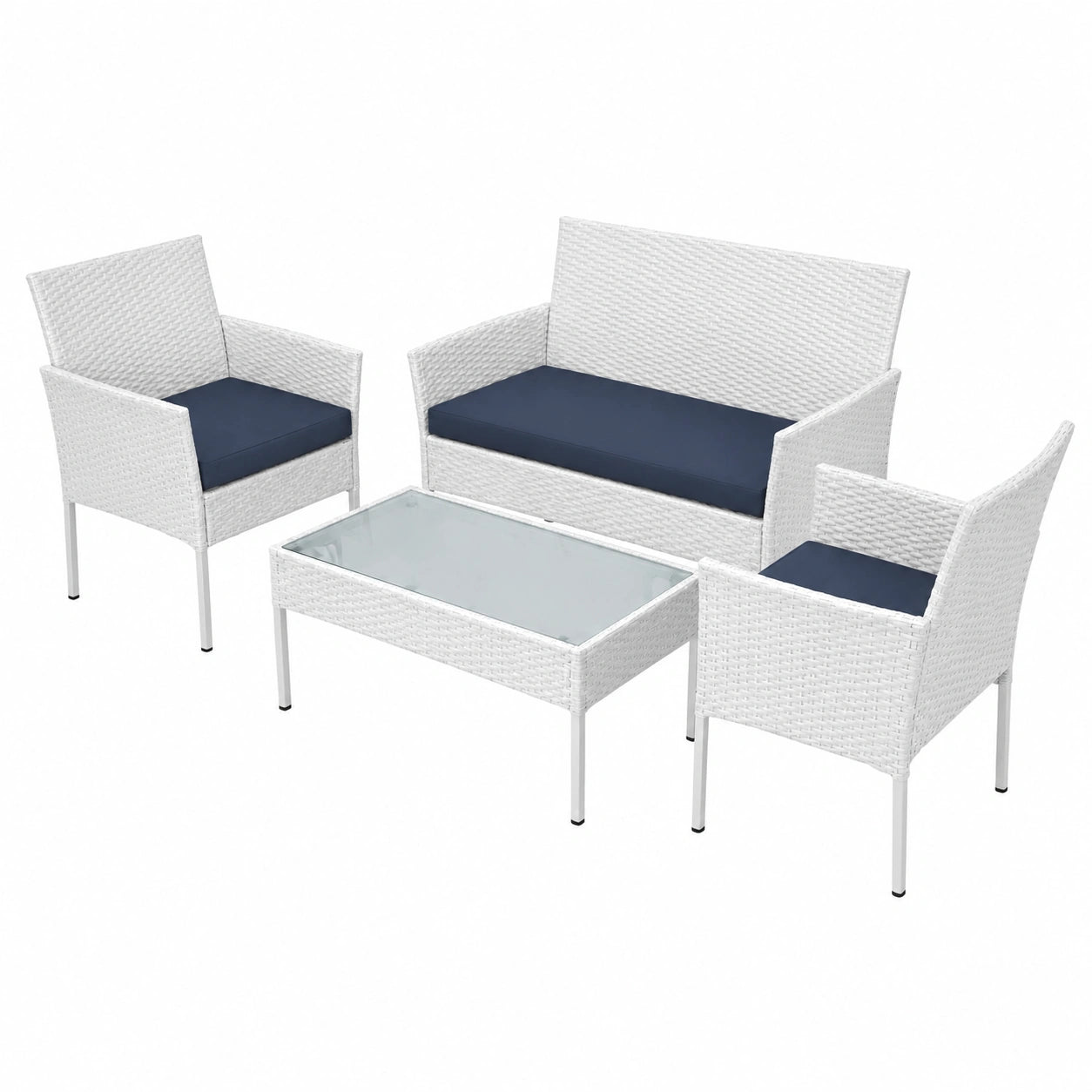 Set Salotto da Giardino in Polyrattan Bianco con Cuscini Sfoderabili, Divano, Poltrone e Tavolino con Ripiano in Vetro