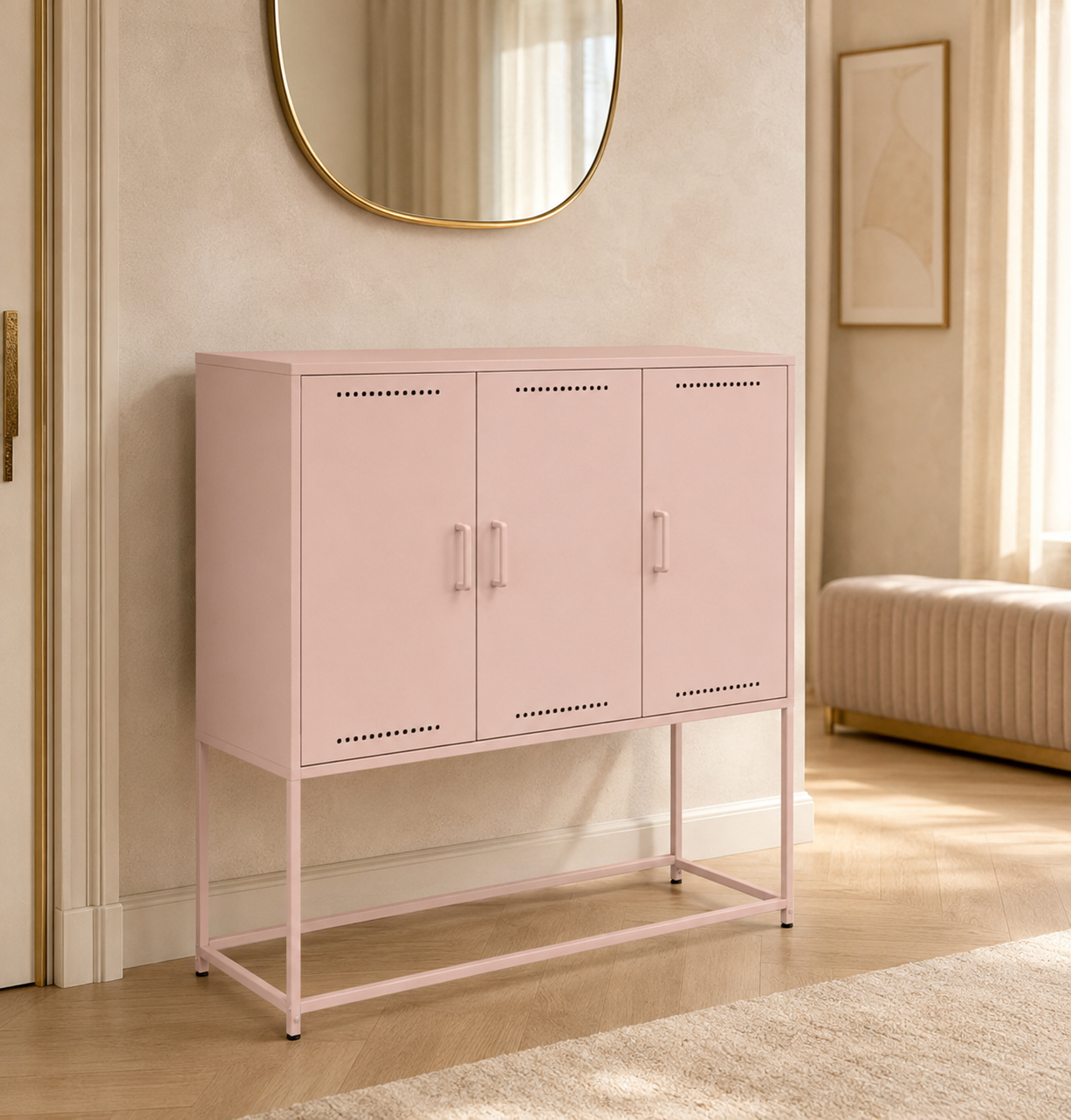 Credenza Alta in Acciaio Rosa 101x39x107 cm con Ampio Spazio di Stoccaggio